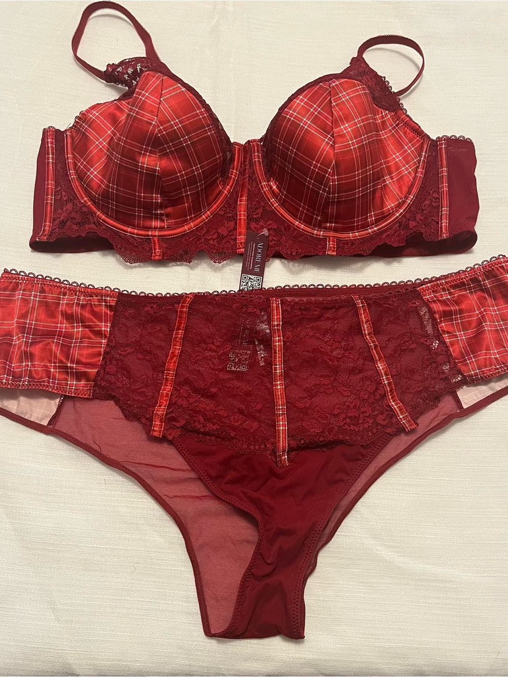 Adore Me Red Plaid Lace Underwire Bra & Lace Panty Set